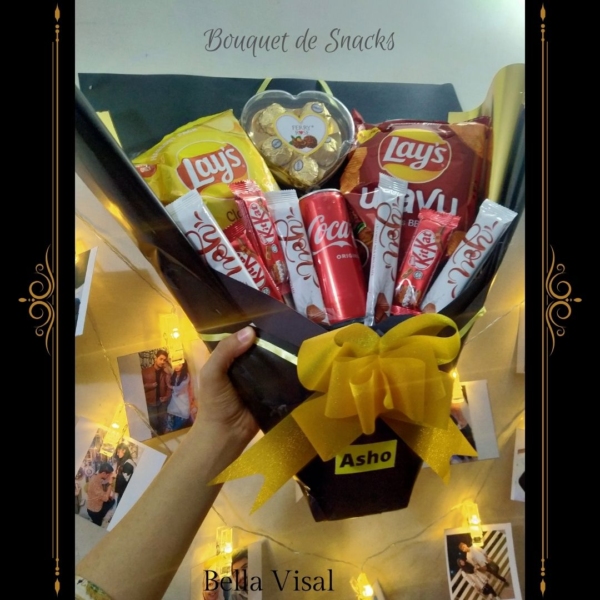 Black and Golden Bouquet with Chocolate and Snacks - Image 2