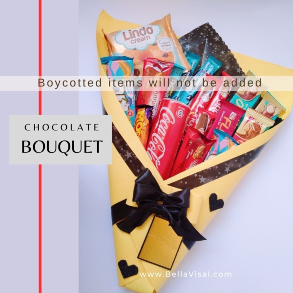 Black and Yellow Bouquet with Chocolate and Snacks