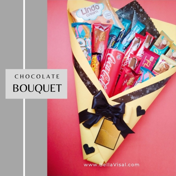 Black and Yellow Bouquet with Chocolate and Snacks - Image 2