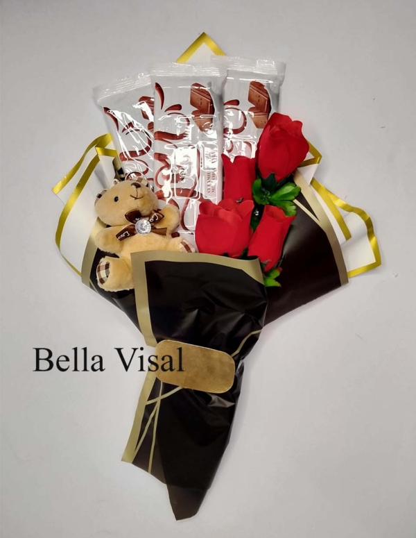 Red flower Bouquet with Teddy and Chocolates (3 large-sized) - Image 2