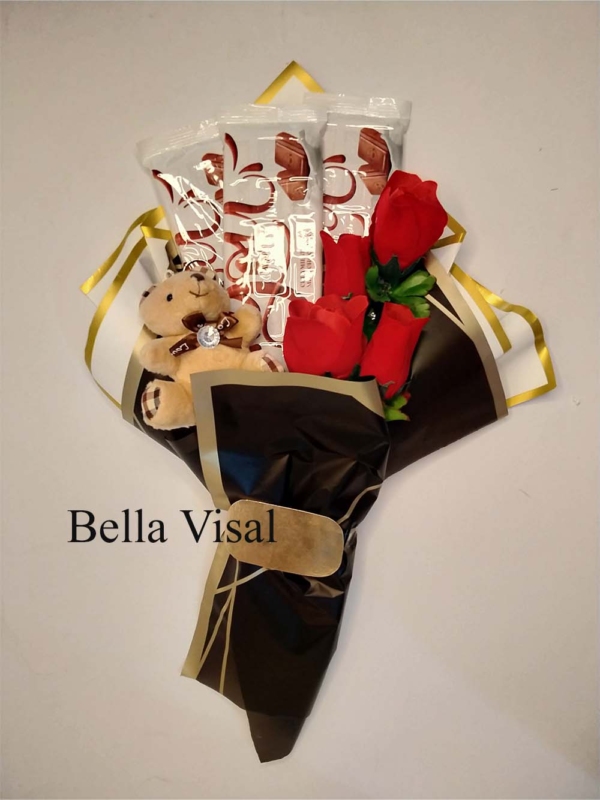 Red flower Bouquet with Teddy and Chocolates (3 large-sized)